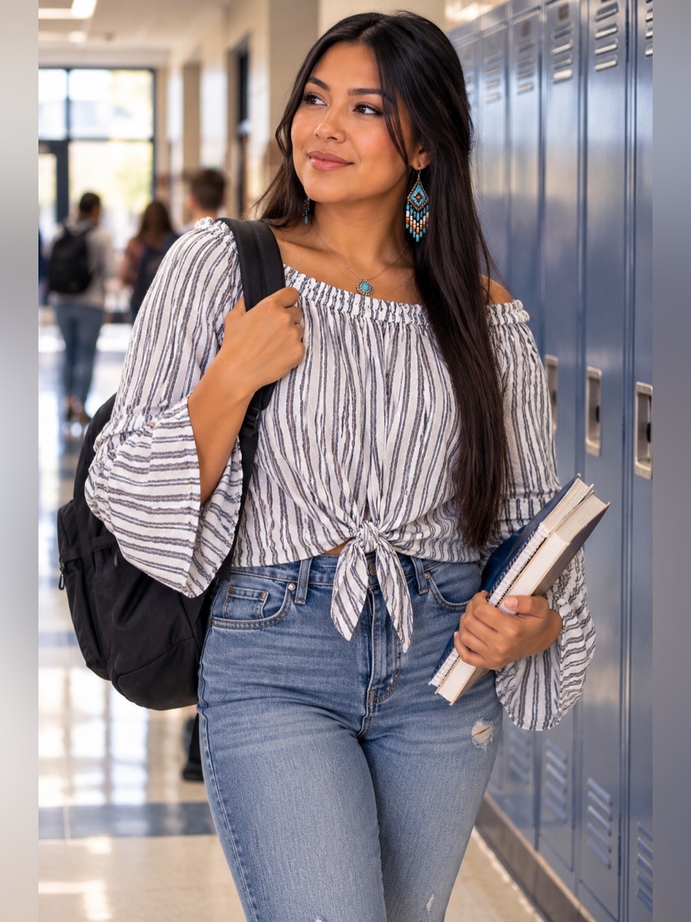 Hollister Blue & White Striped Tie-Front Off-Shoulder Blouse